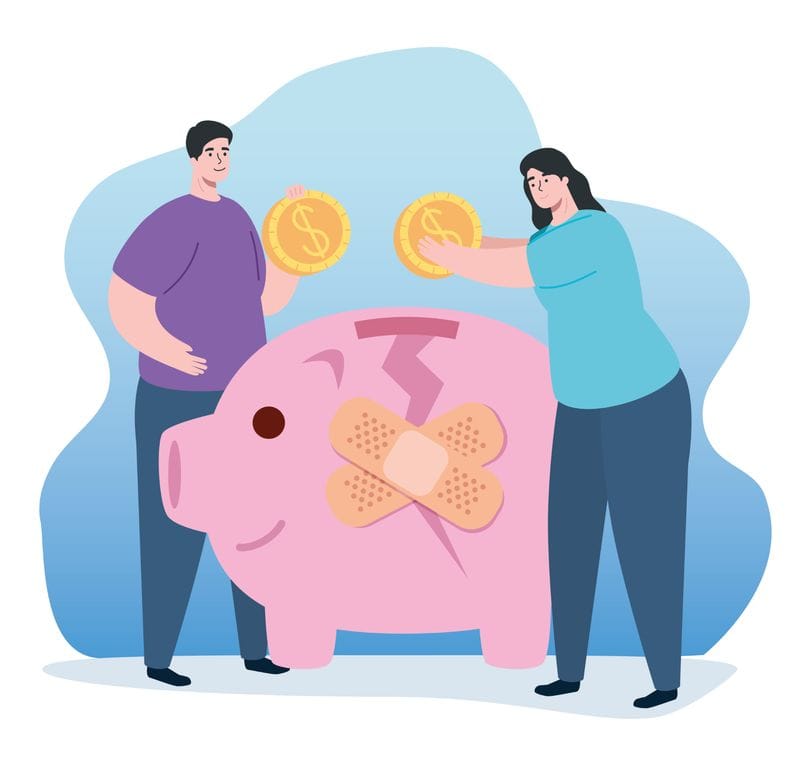 Cartoon animation of man and woman putting coins into a piggy bank